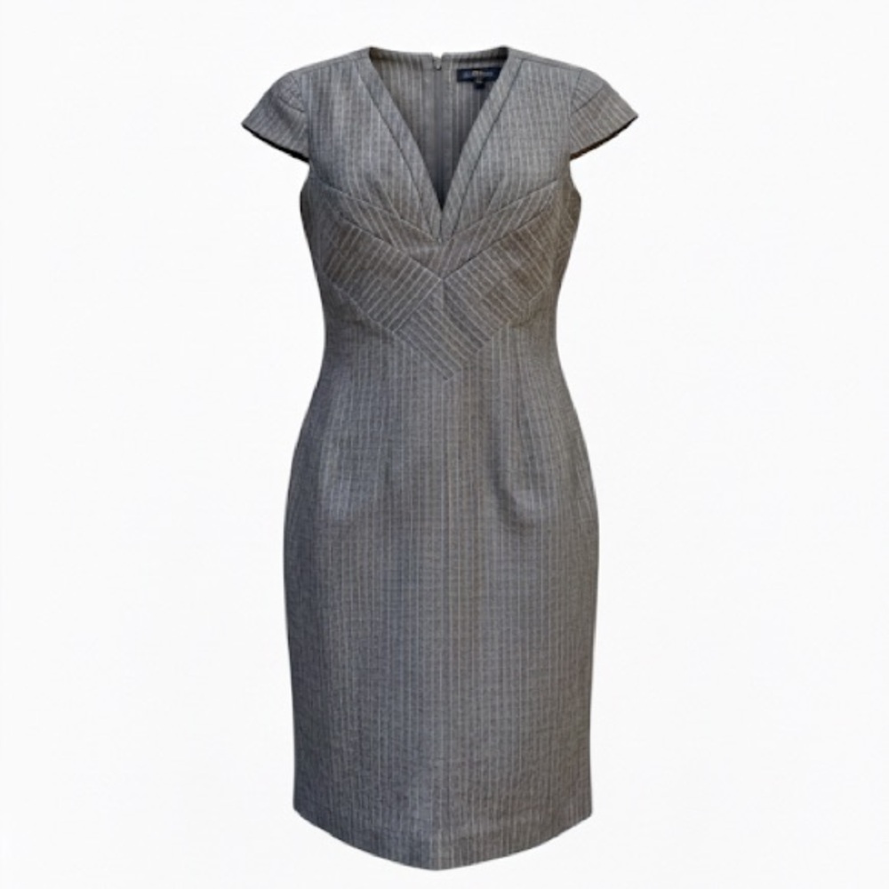 Suzy Shier Grey Pleated Bodice V Neck Pin Stripe Fitted Dress Size Small - Picture 2 of 12